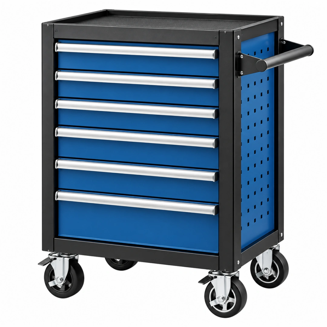Carro de herramientas 77 x 46 x 97 cm de acero azul y negro con 7 cajones y ruedas