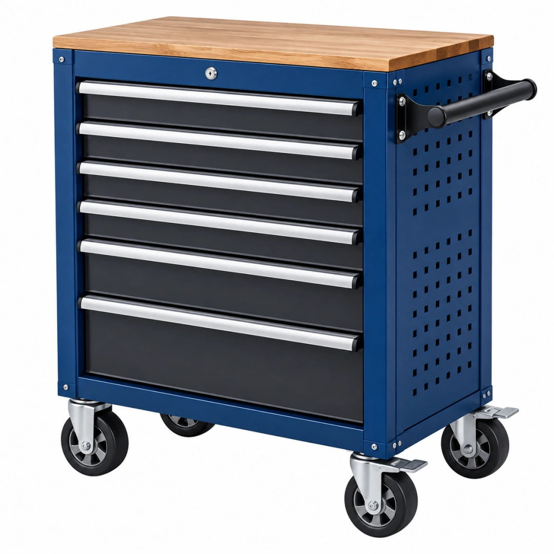Carro de herramientas 77 x 46 x 97 cm de acero azul con encimera de madera y 6 cajones