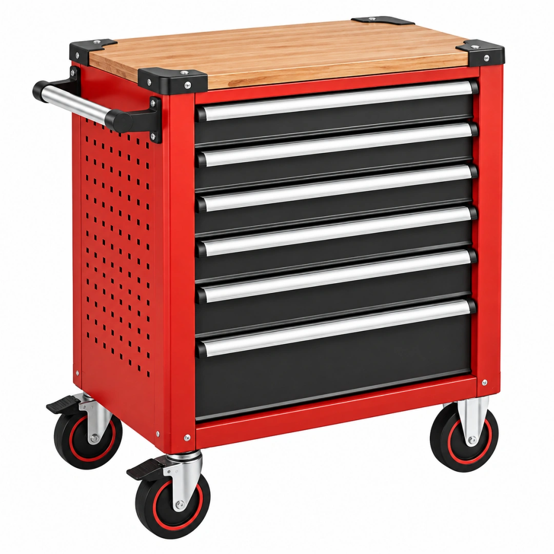 Carro de herramientas 77 x 46 x 97 cm de acero rojo y negro con 7 cajones y encimera de madera