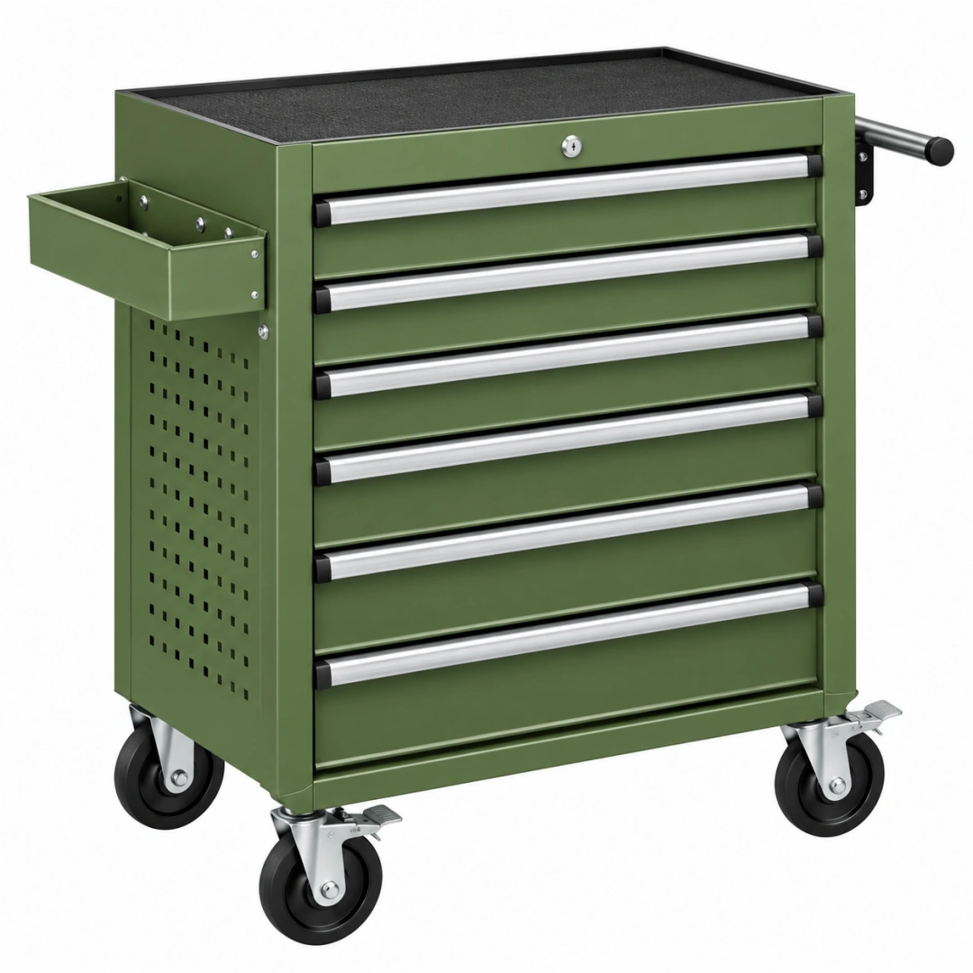 Carro de herramientas 77 x 46 x 97 cm de acero verde con 7 cajones y ruedas