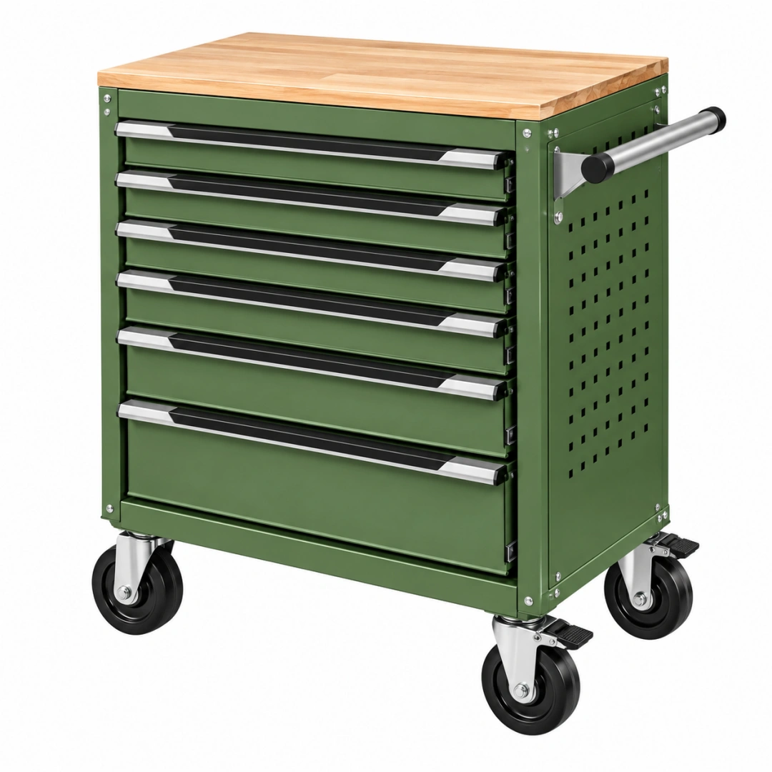 Carro de herramientas 77 x 46 x 96 cm de acero verde con 7 cajones y encimera de madera