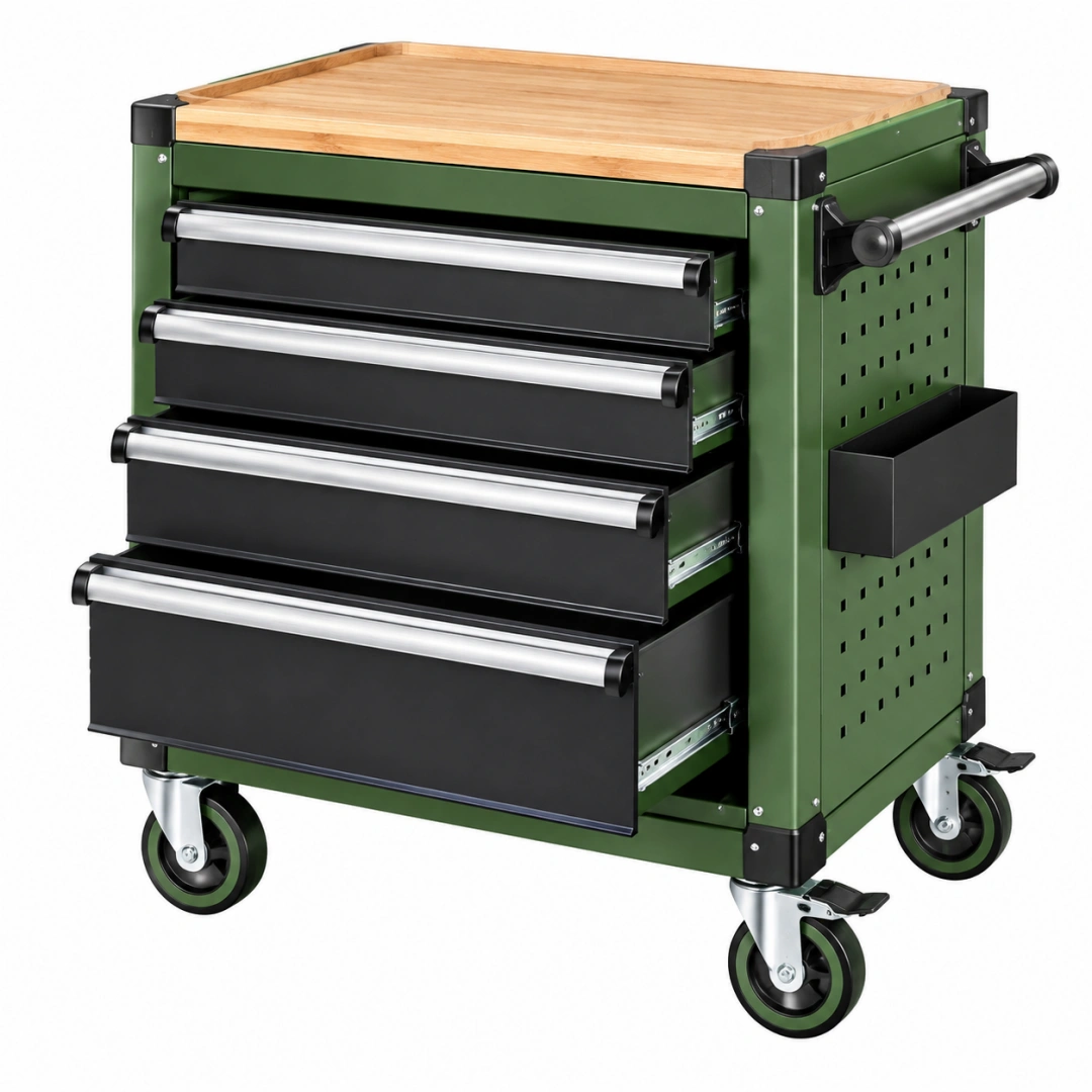 Carro de herramientas 77 x 46 x 97 cm de acero verde con 4 cajones y encimera de madera móvil