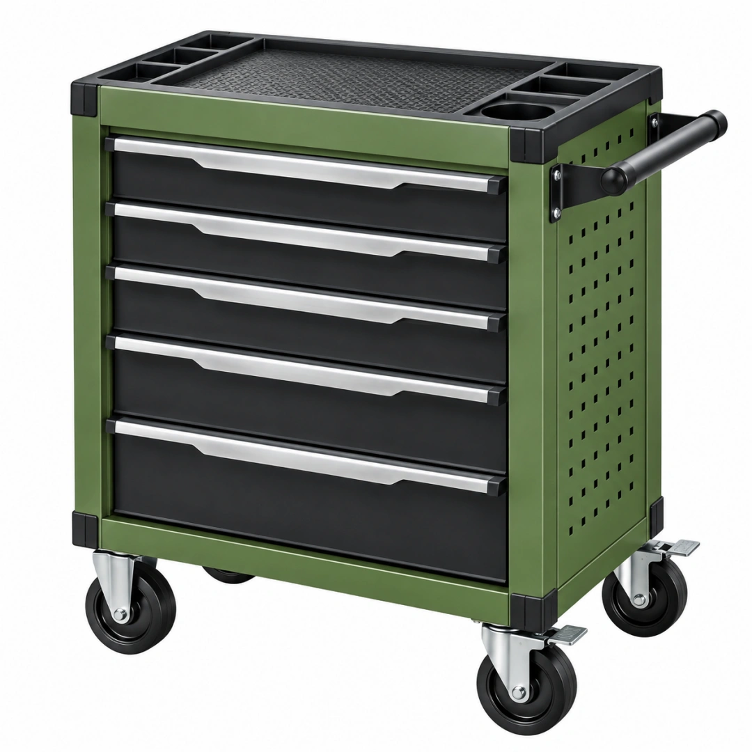 Carro de herramientas 77 x 46 x 95 cm de acero verde y negro con 5 cajones y ruedas